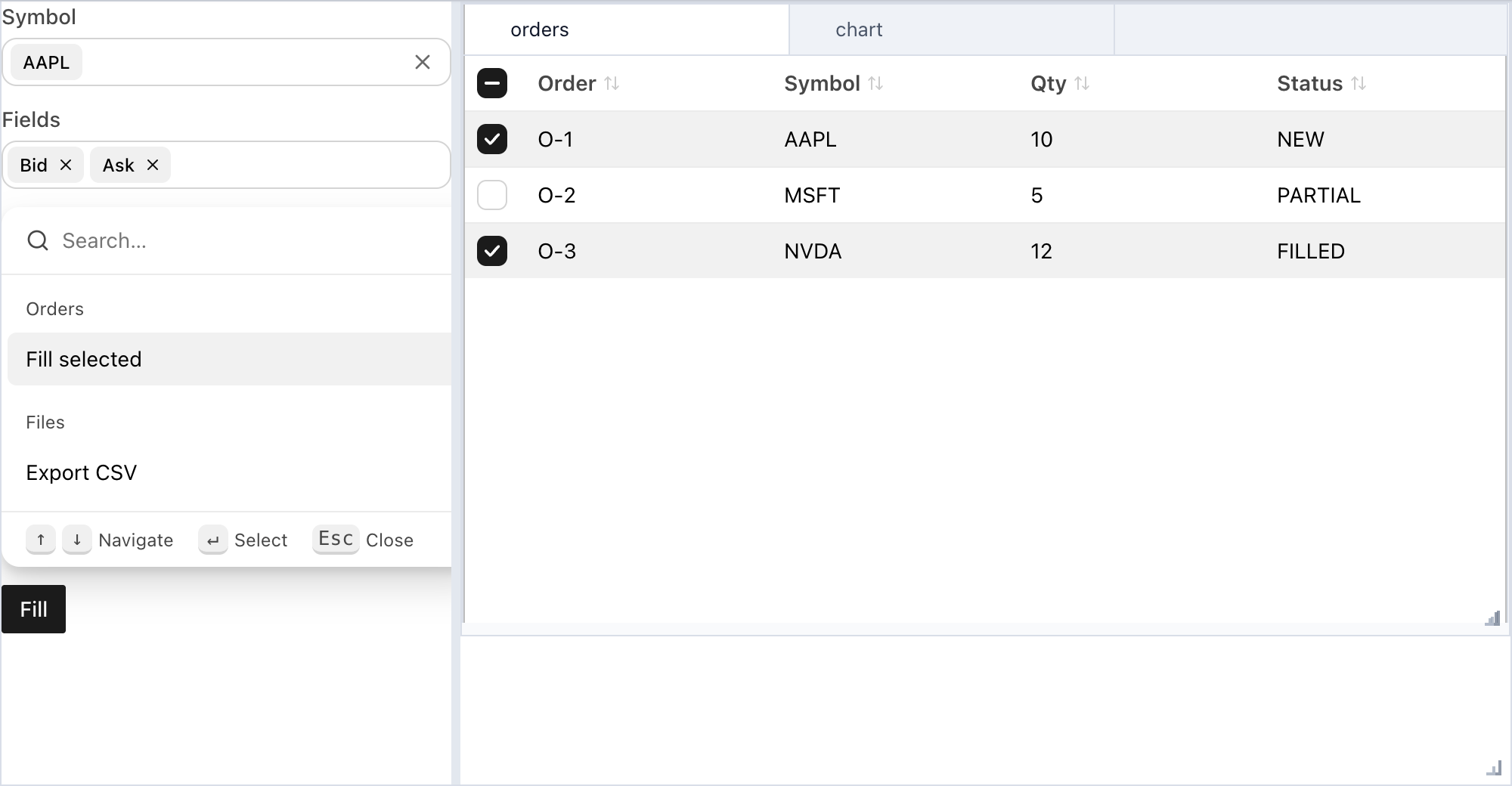 Order blotter with callbacks example rendered in JupyterLab