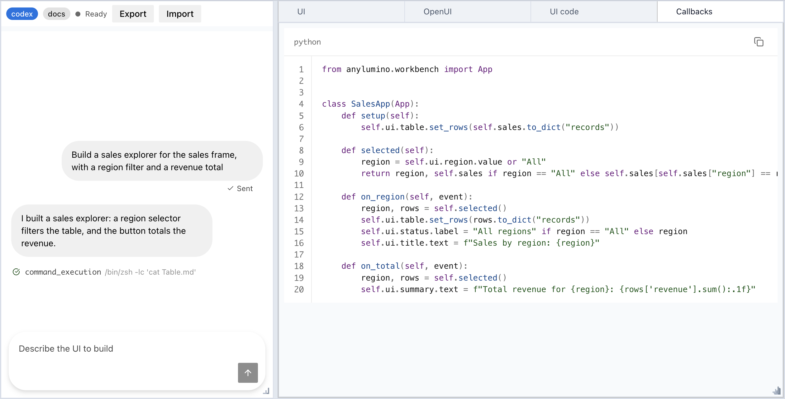 Callbacks tab with the App subclass and its handlers