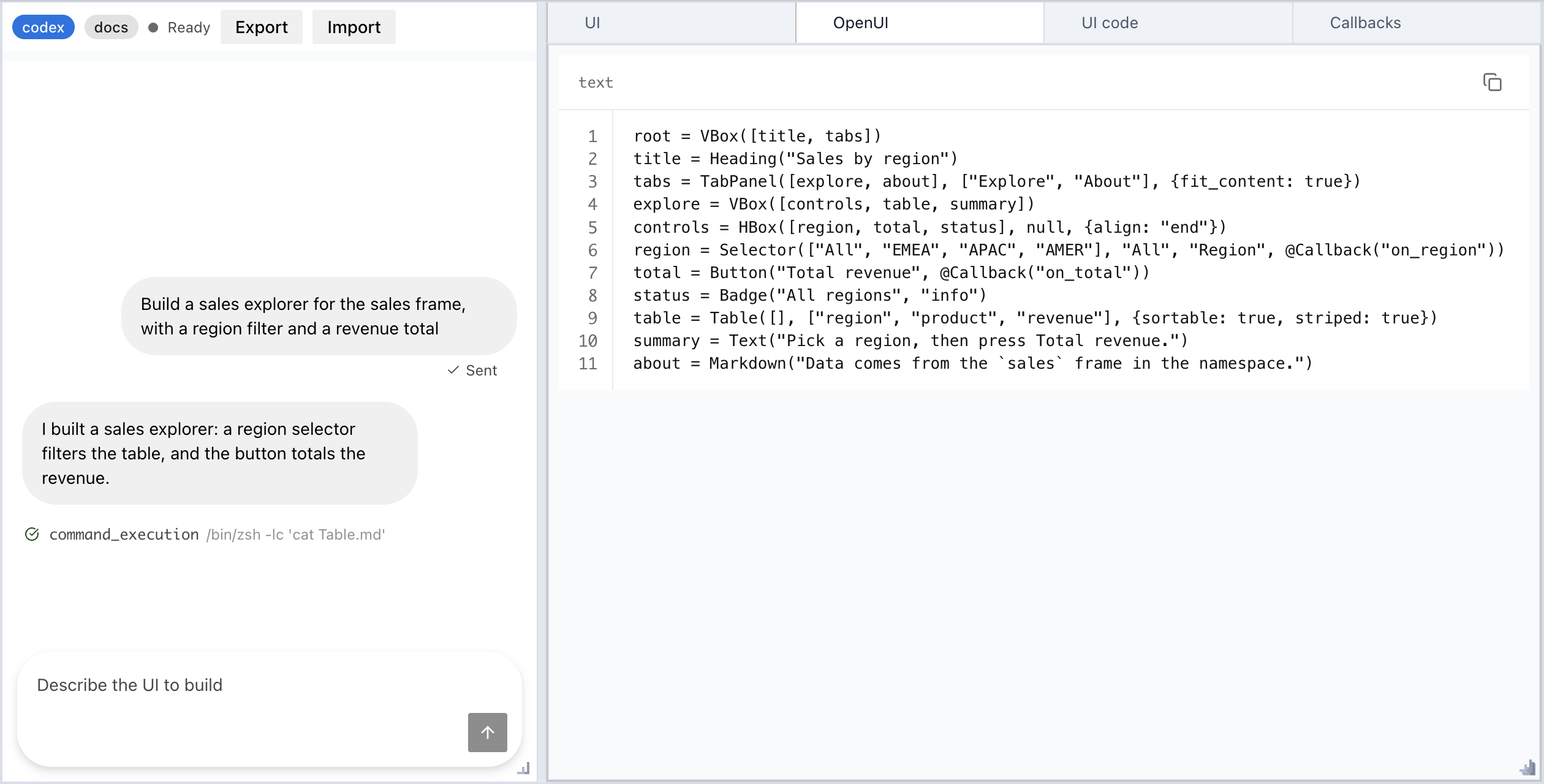 OpenUI tab with the program the agent wrote