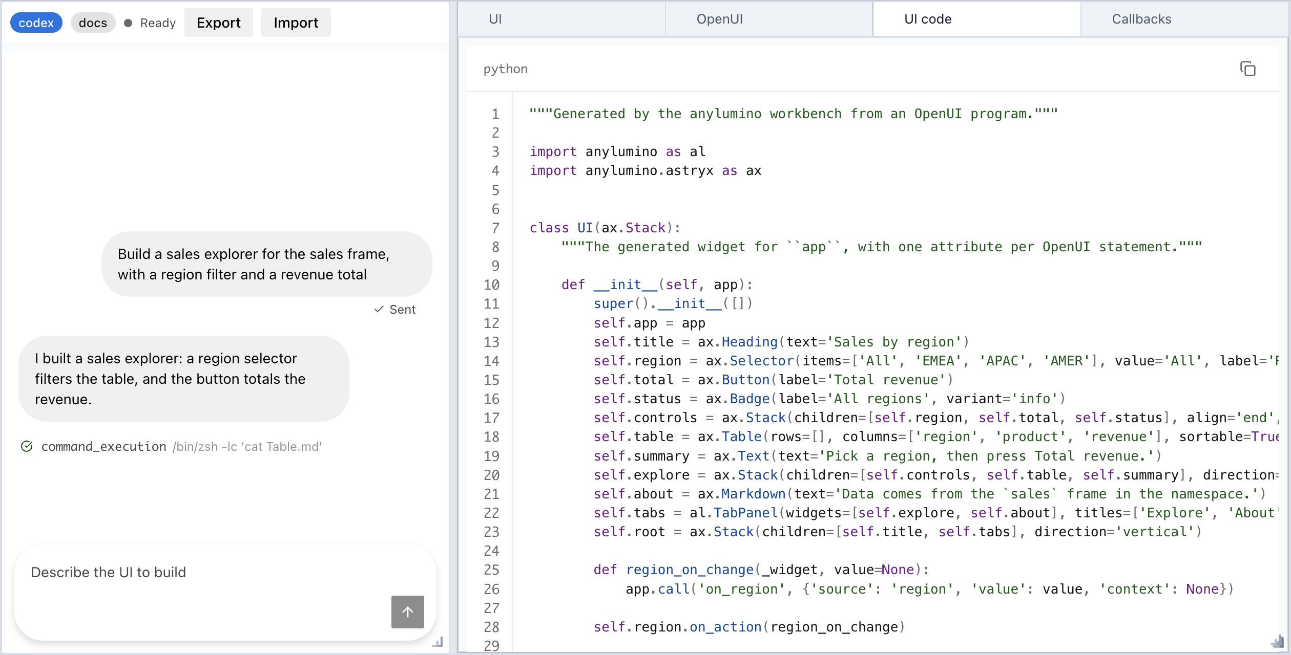 UI code tab with the Python module generated from the program