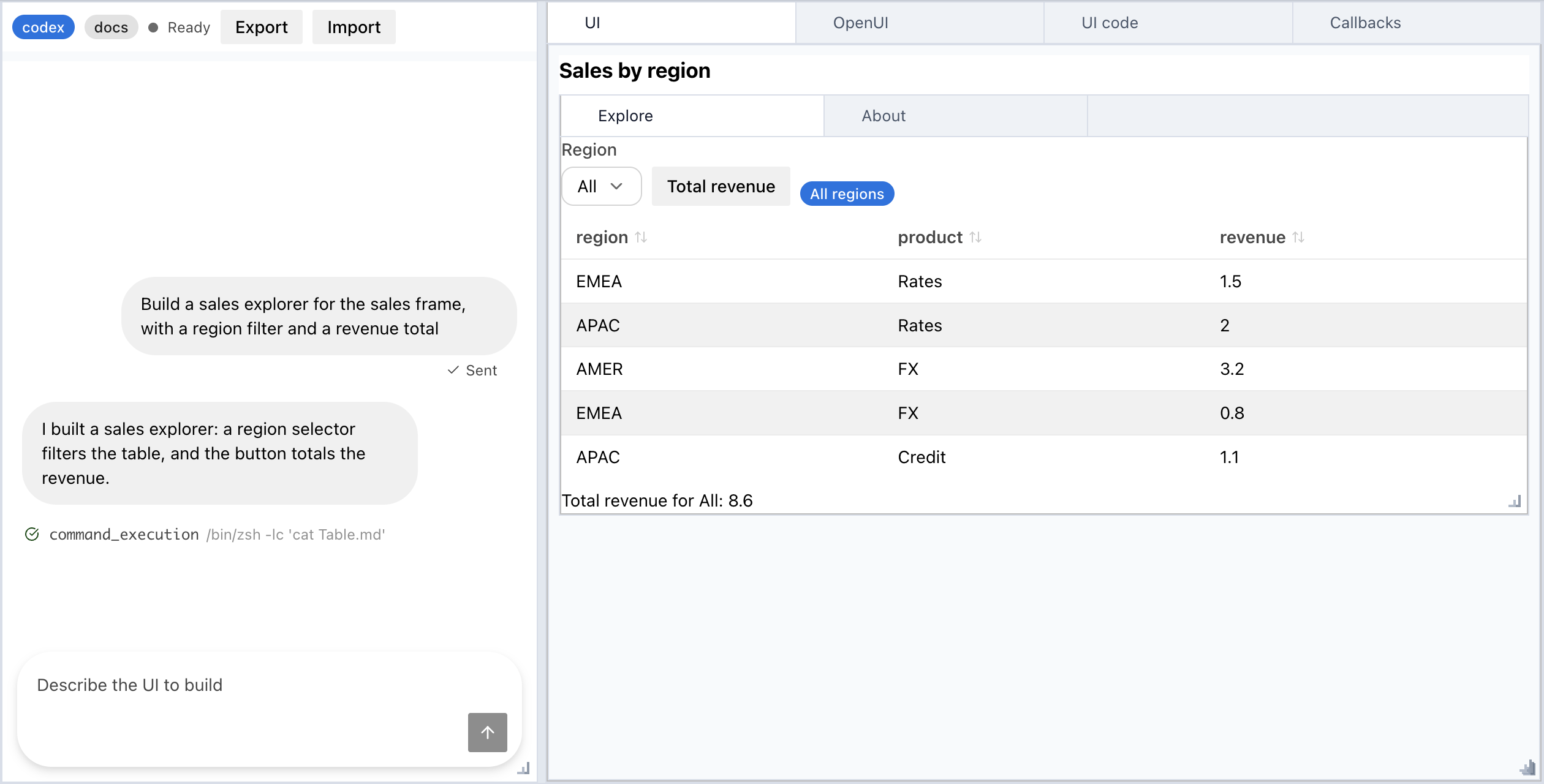 Workbench after one turn: the chat on the left and the generated sales explorer in the UI tab